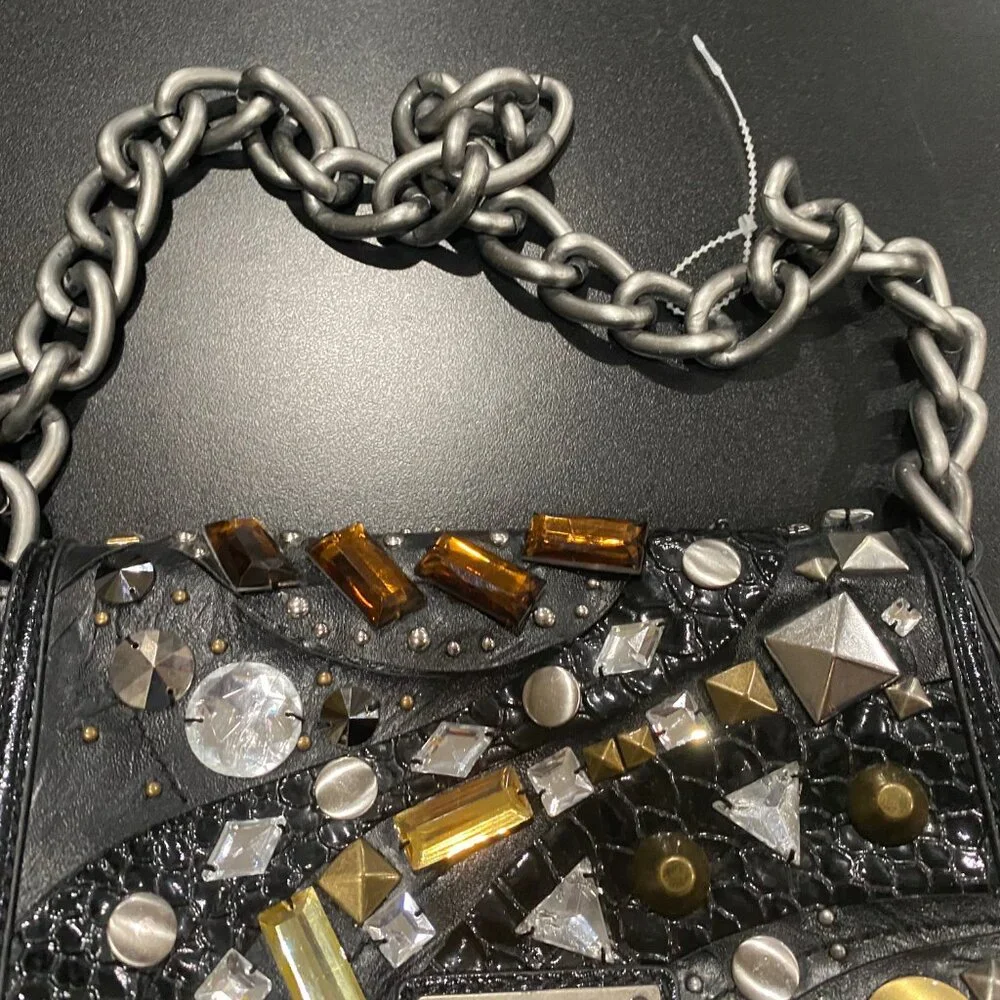 Vera Wang Studs Beads Chain Strap Steampunk Grunge Goth Moto Shoulder Bag Purse